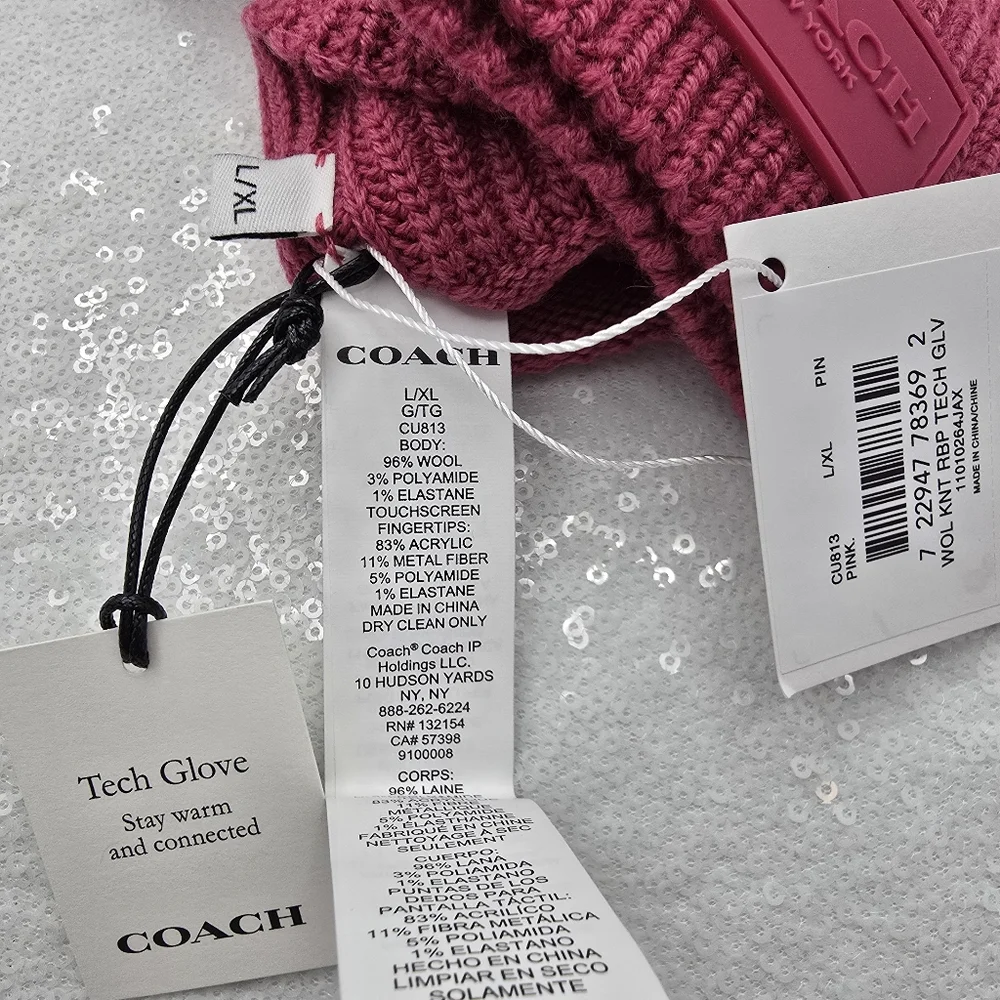 Coach Knit Tech Gloves Pink Merino Wool Warm